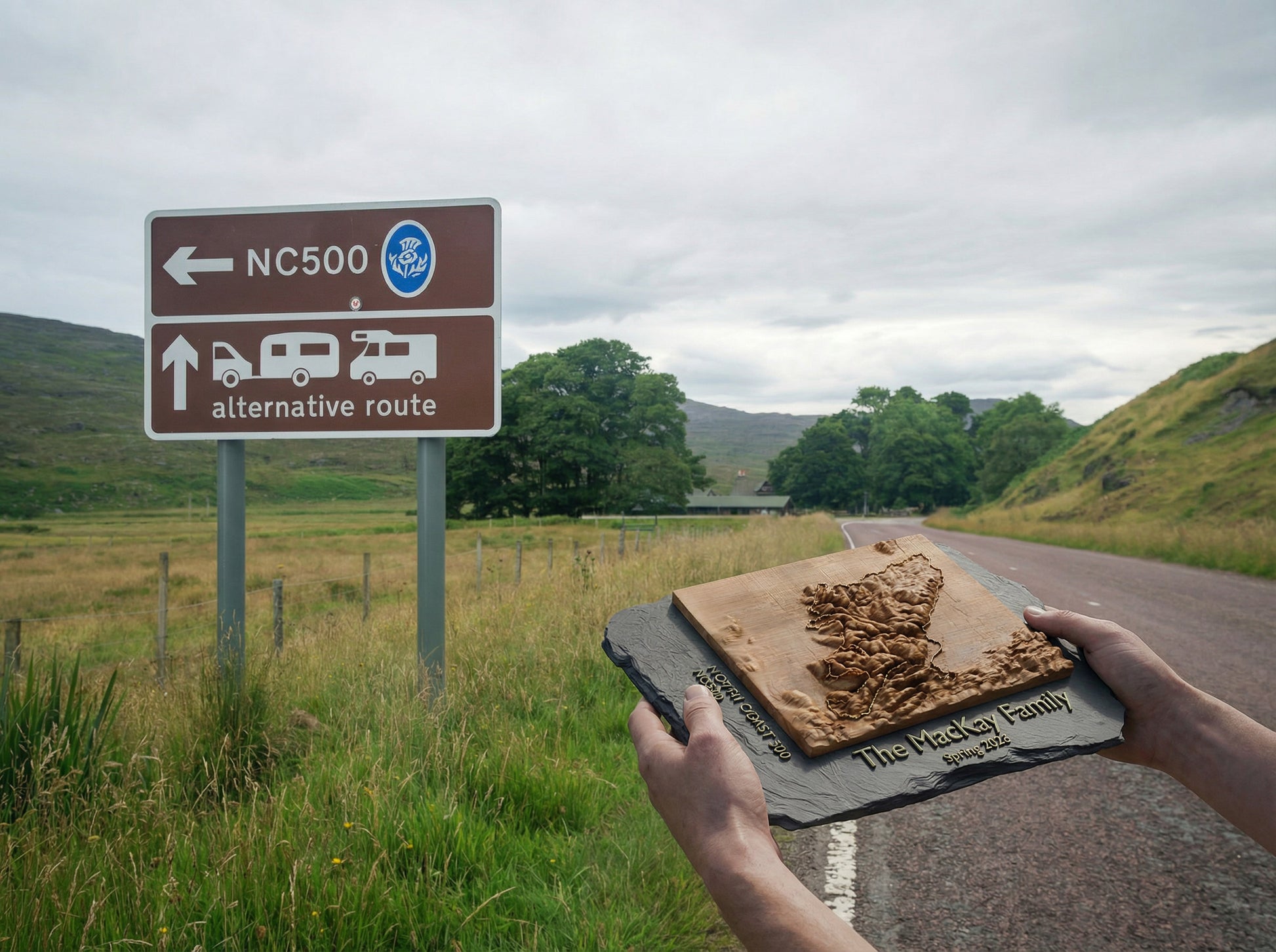 NC500 terrain block held up next to the NC500 road sign in the Highlands